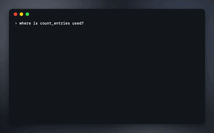 Demo, drawn: an agent asked where count_entries is used gets ten exact lines from lsp_references, where grep returned seventy-seven, most of them comments, log messages and a similarly named function.