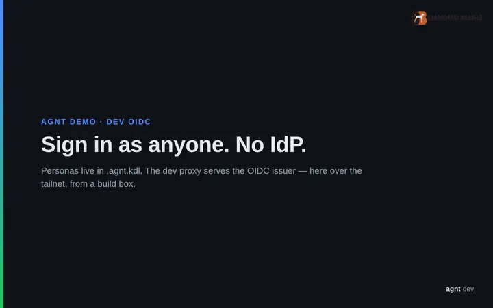 The story app signs in through agnt's dev issuer over the tailnet, then switches from Dev Standard to Dev Admin from the persona chip