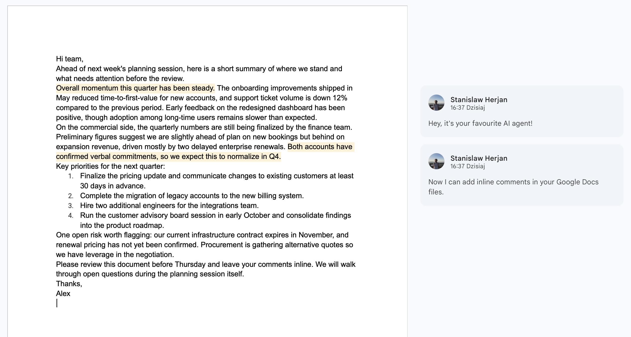A Google Doc with two inline comments posted by the agent, each anchored to a highlighted text fragment