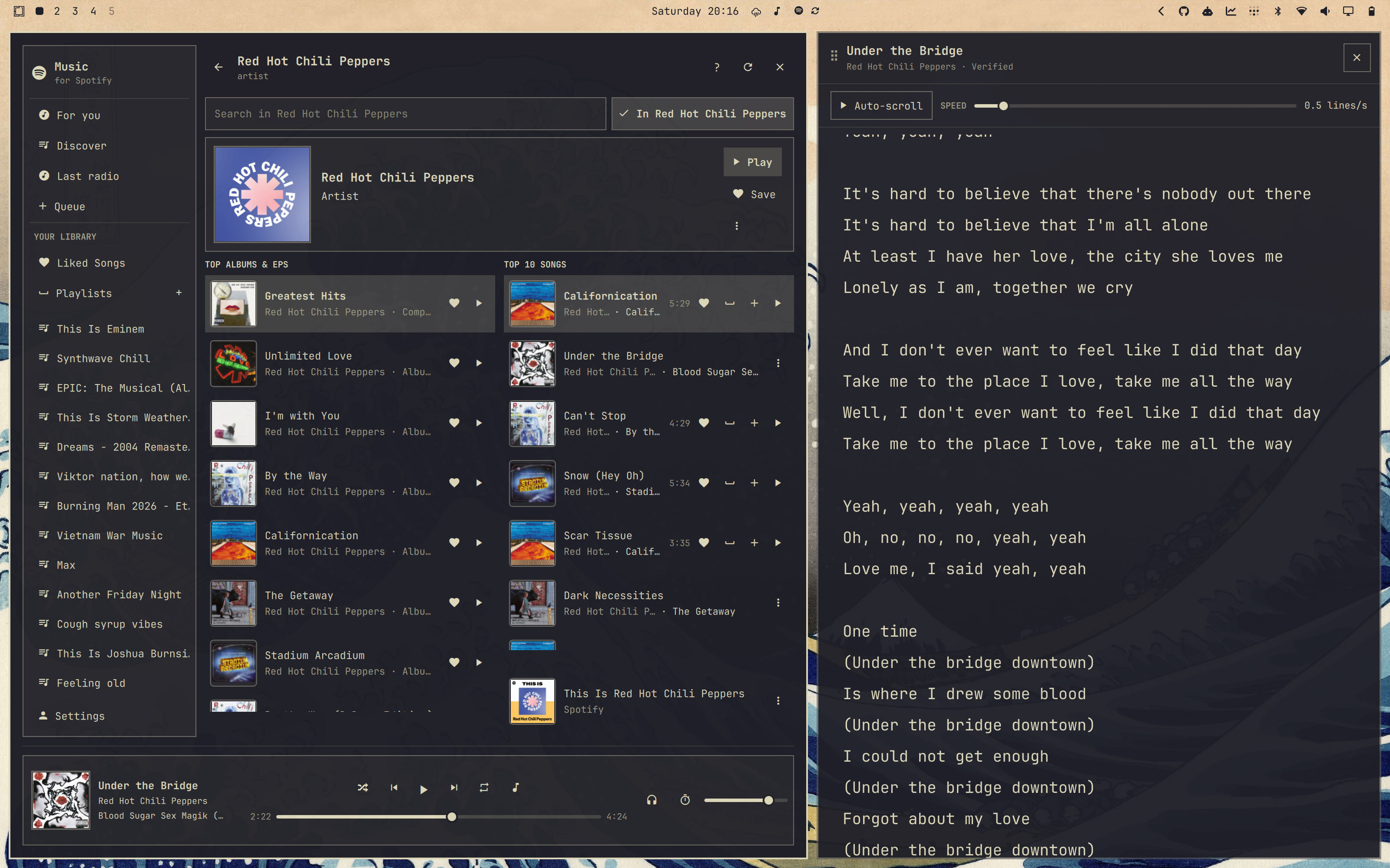Omarchy Spotify beside Omasing lyrics for Under the Bridge