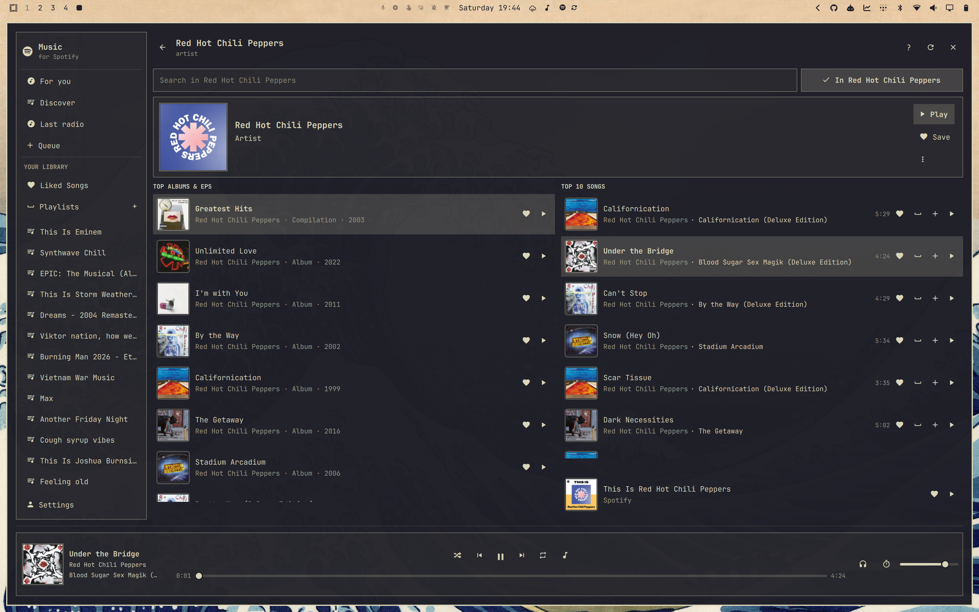 Red Hot Chili Peppers artist page with Under the Bridge playing
