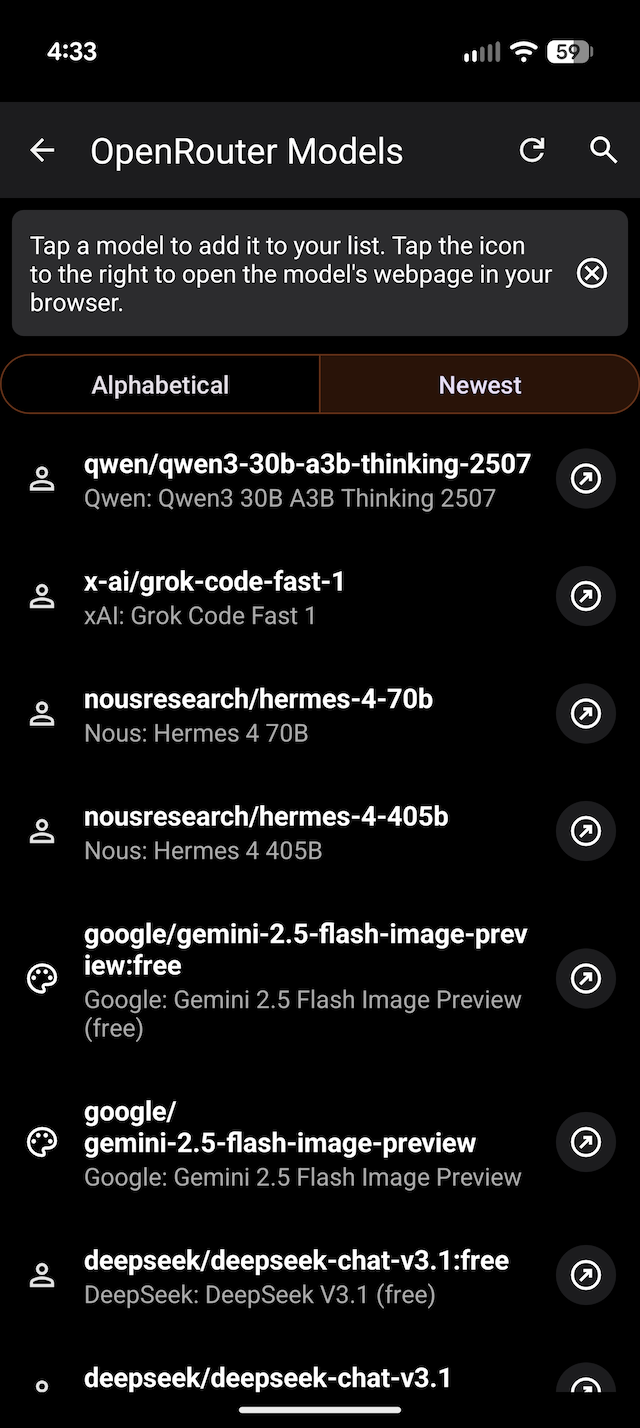OpenRouter Models Screen
