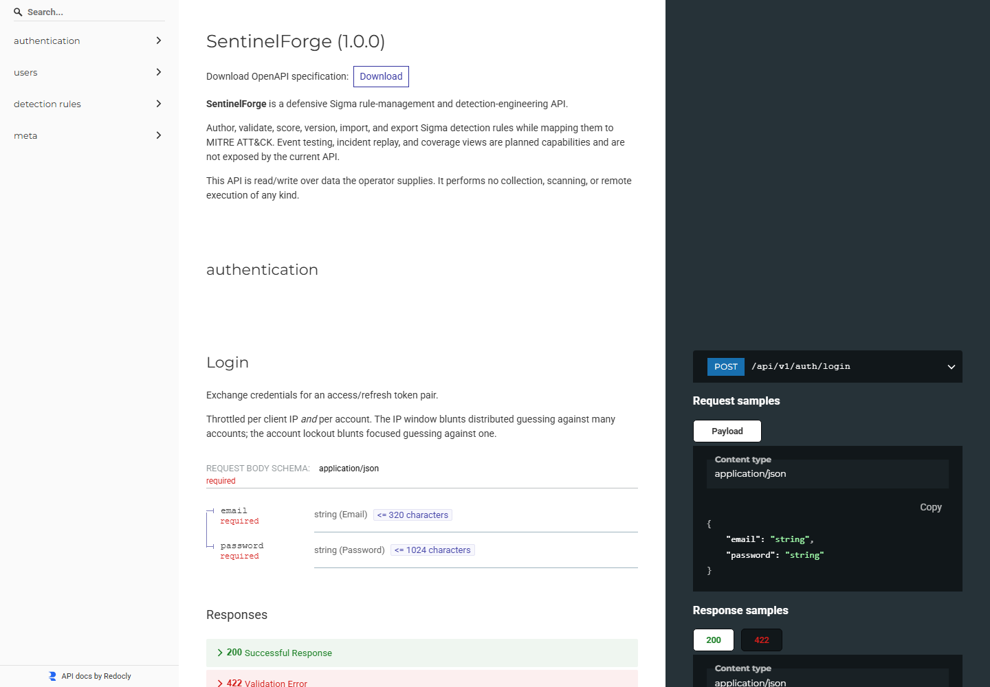 SentinelForge ReDoc 参考文档显示登录契约和响应 schemas