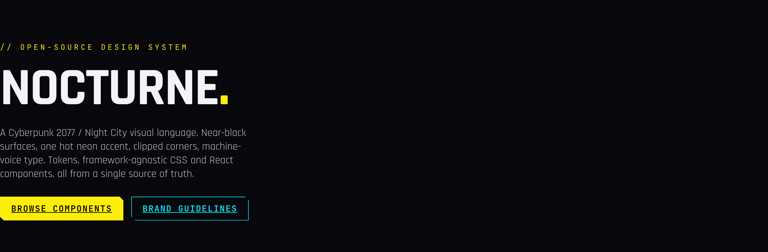 Nocturne styleguide hero: near-black surface with neon yellow accent