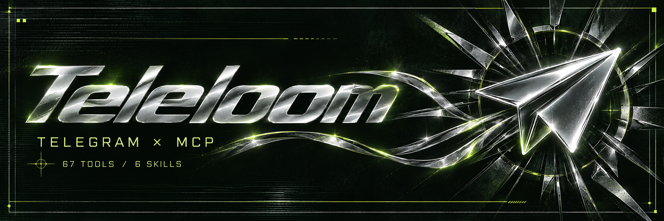 Teleloom — Telegram × MCP; 67 tools and 6 skills; chrome paper plane with woven flight trails