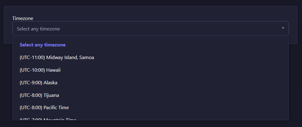 timezone select screenshot