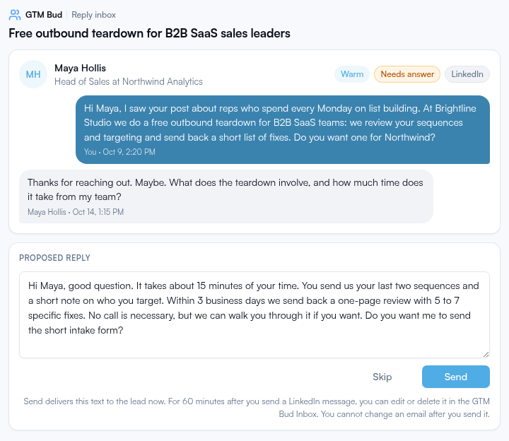 Reply review in the chat: a LinkedIn conversation where the lead asks about the offer, a proposed reply in an editable text box, and Skip and Send buttons. All names are examples.