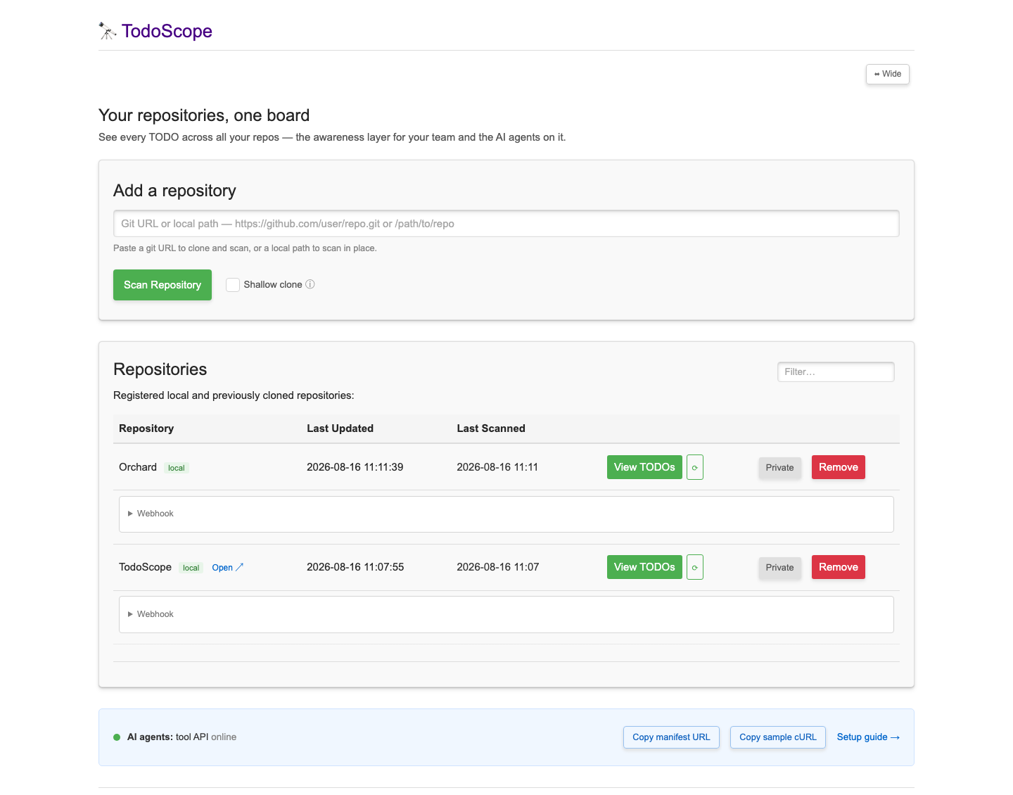 The TodoScope dashboard — add a repo by URL or local path, see when each was last scanned