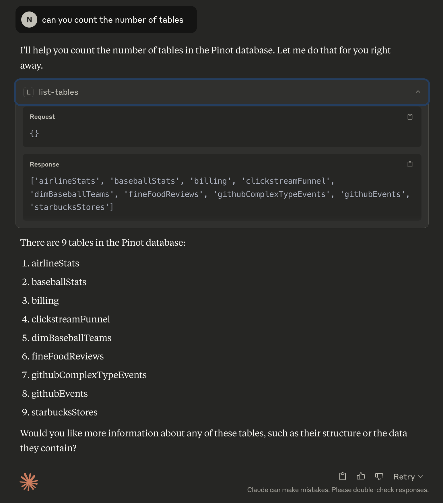 Pinot MCP fetching metadata