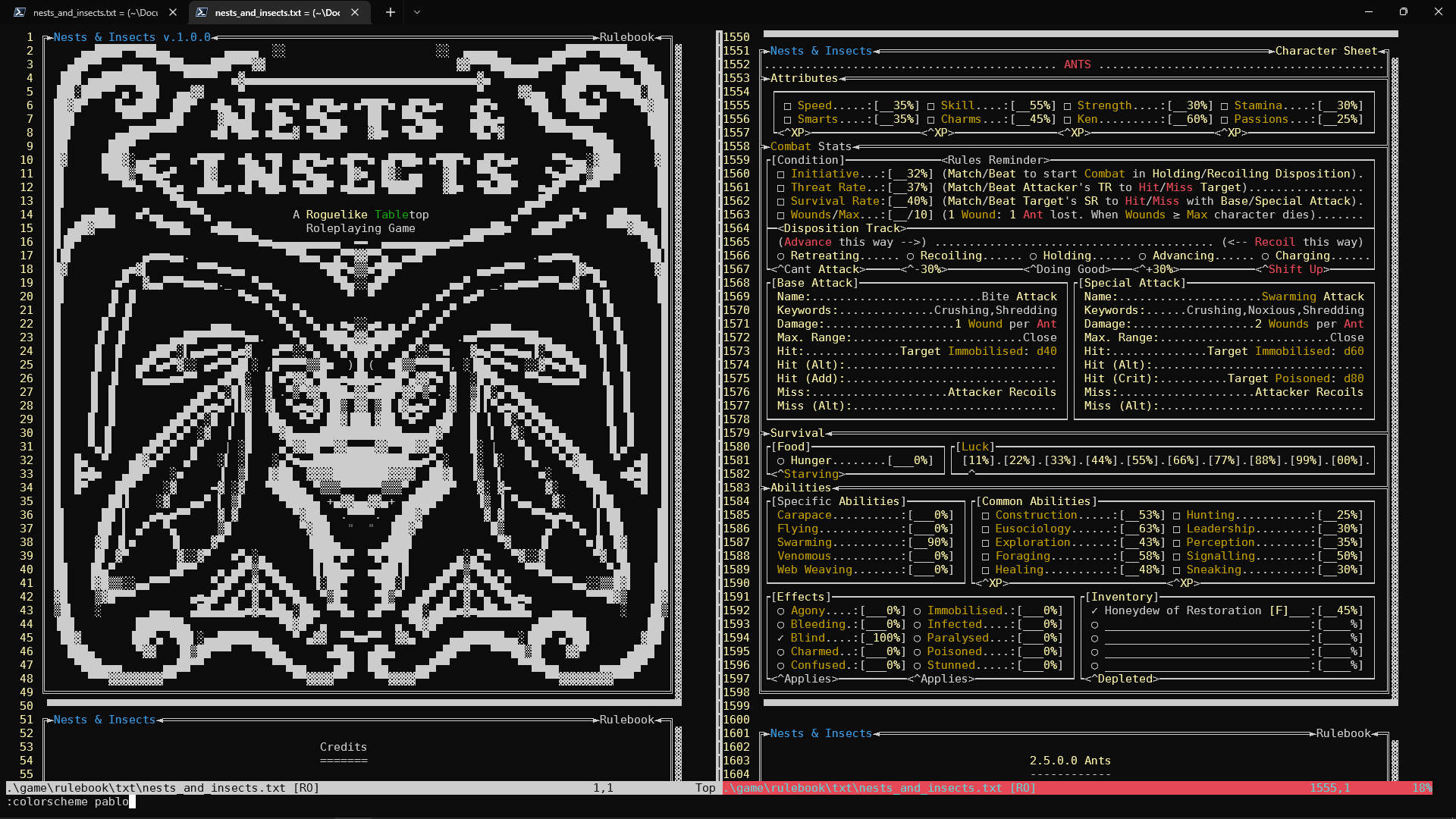 Nests & Insects rulebooks in Glorious ASCII