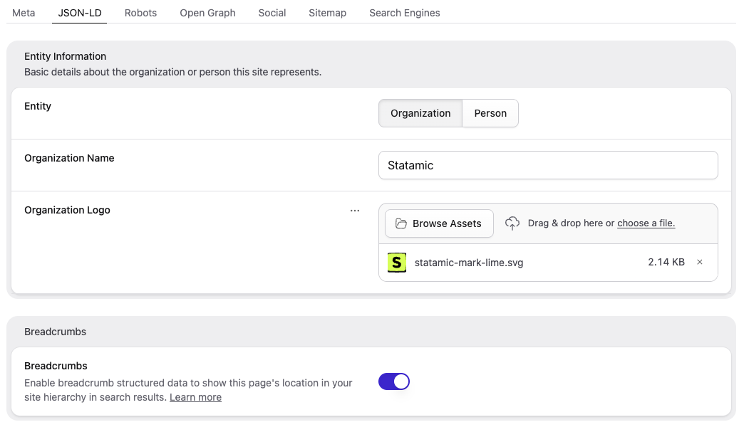 JSON-LD Tab on Site Defaults page