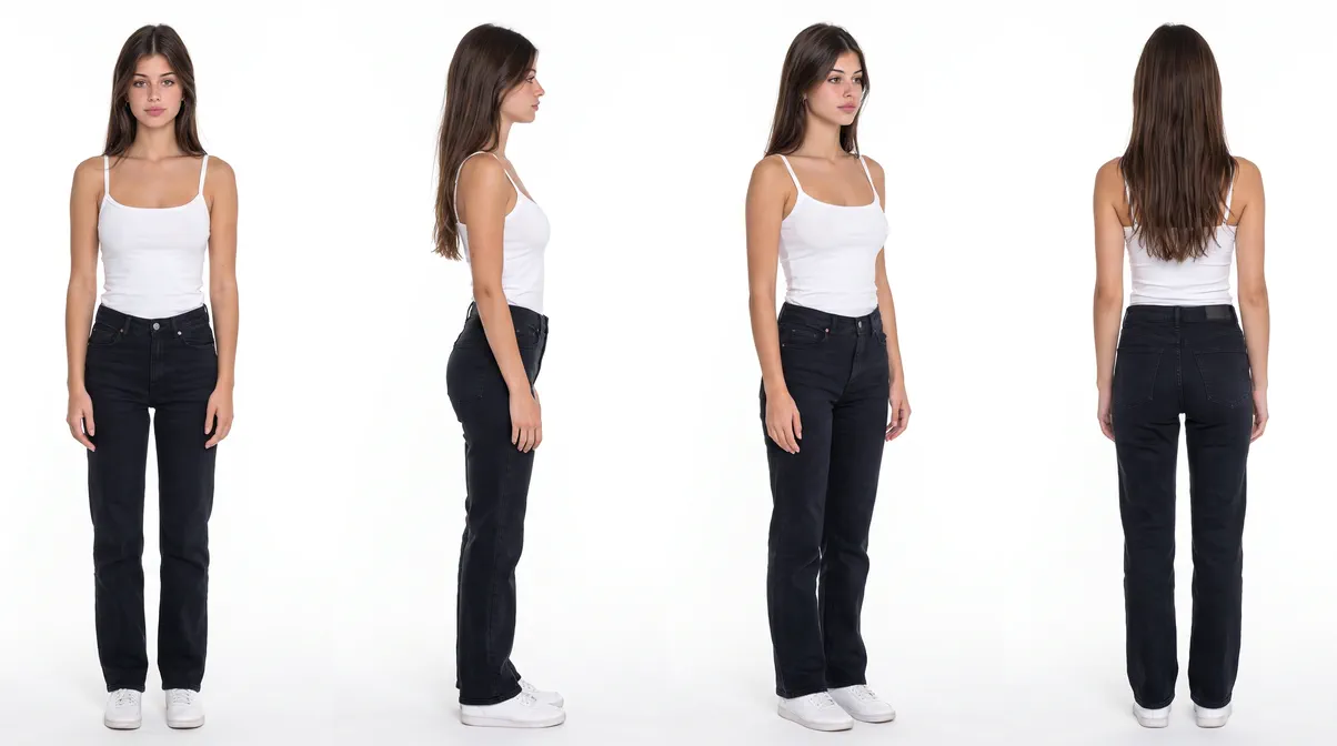 Vista múltiple de la misma modelo hiperrealista de cuerpo entero: de frente, de perfil, de tres cuartos y de espaldas