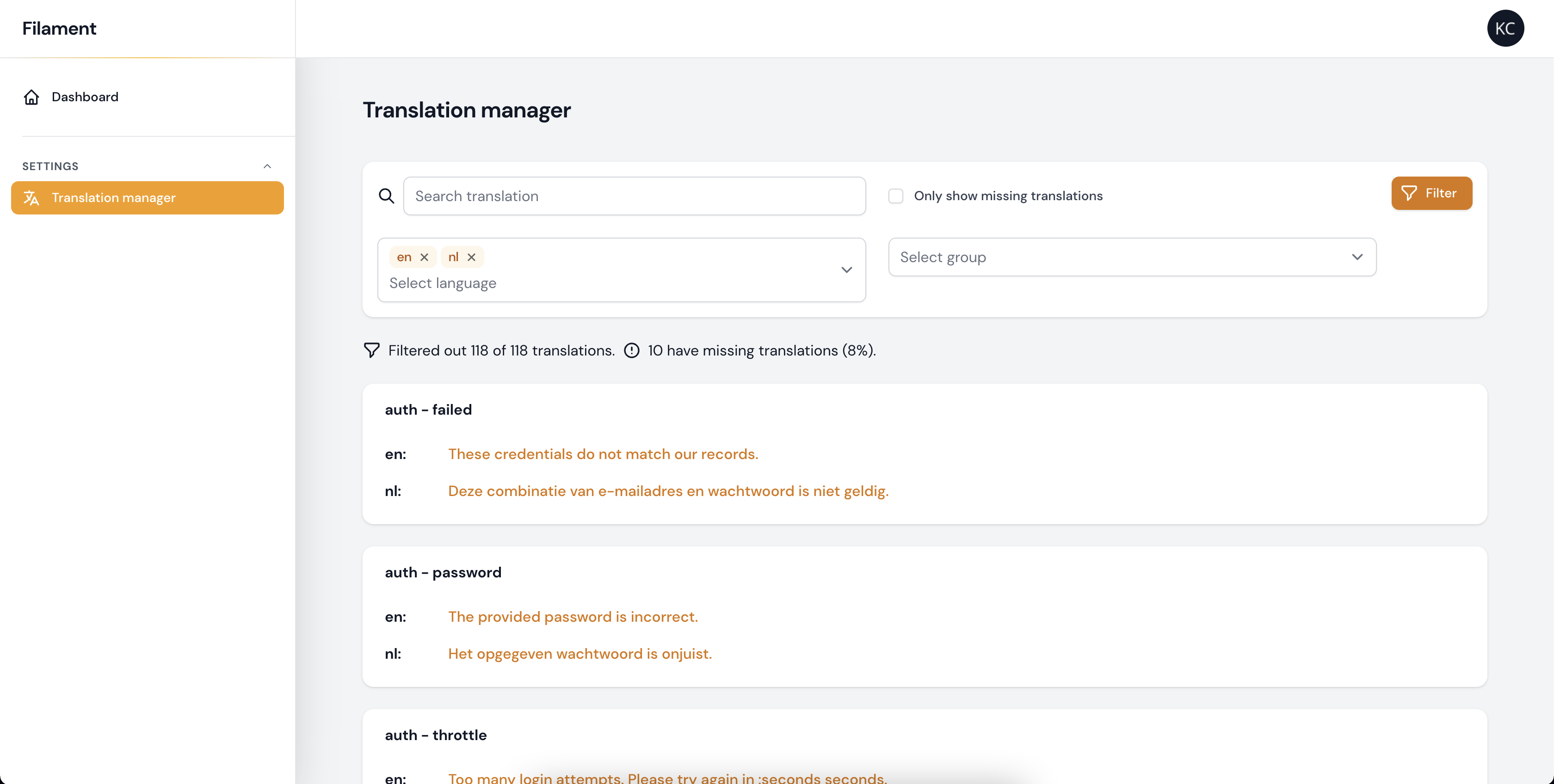 Example of Laravel Filament Chained Translation Manager