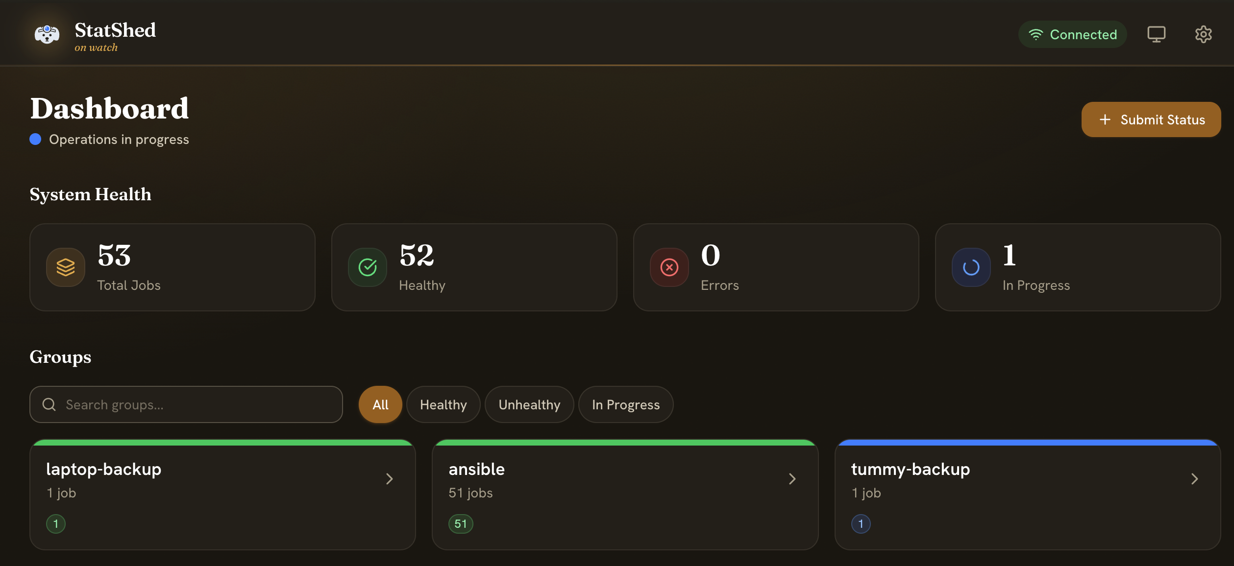 The StatShed dashboard: jobs grouped by source, each showing live status, with healthy and unhealthy counts at a glance.