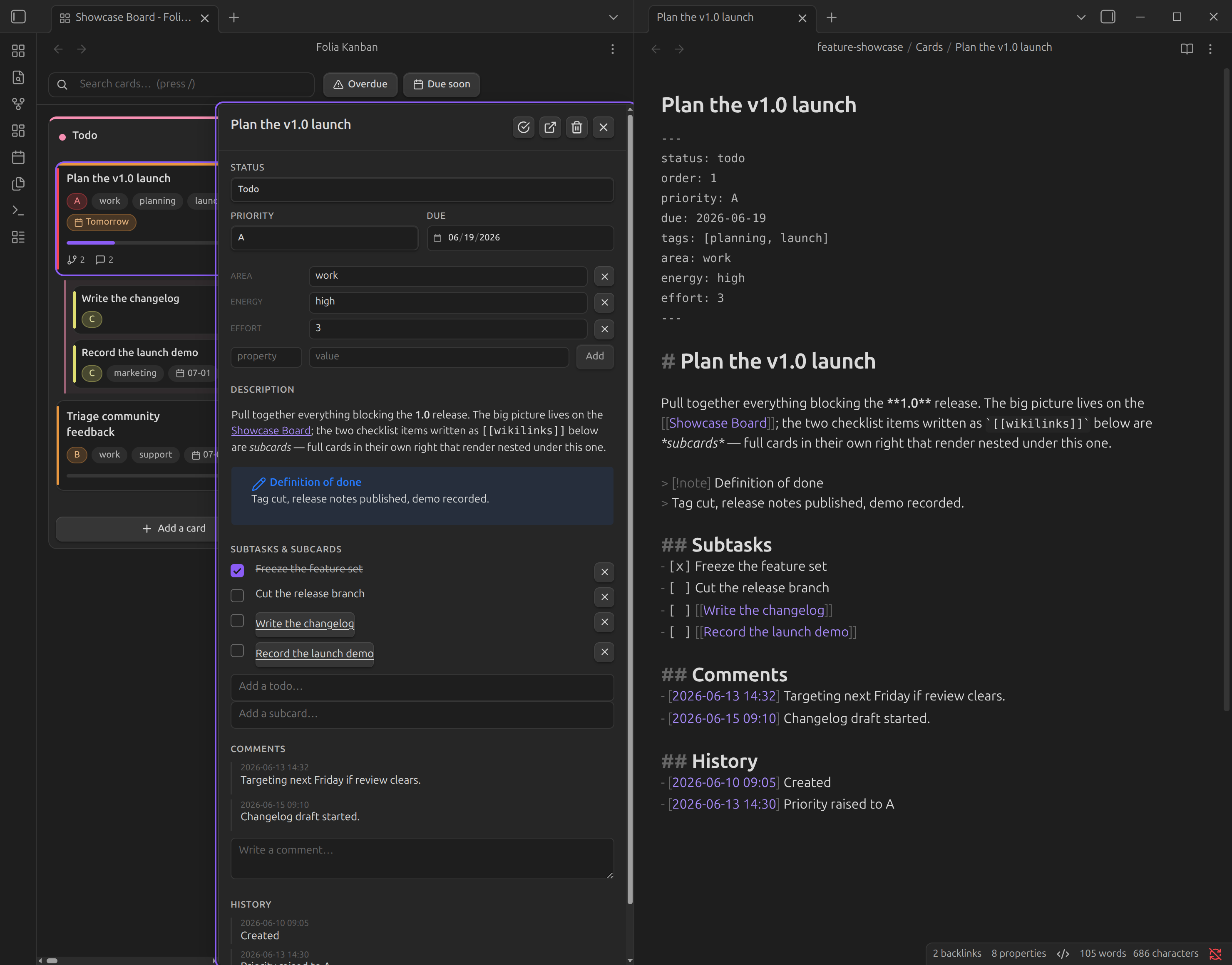 The card detail panel (left) beside the same card's plain Markdown file (right)