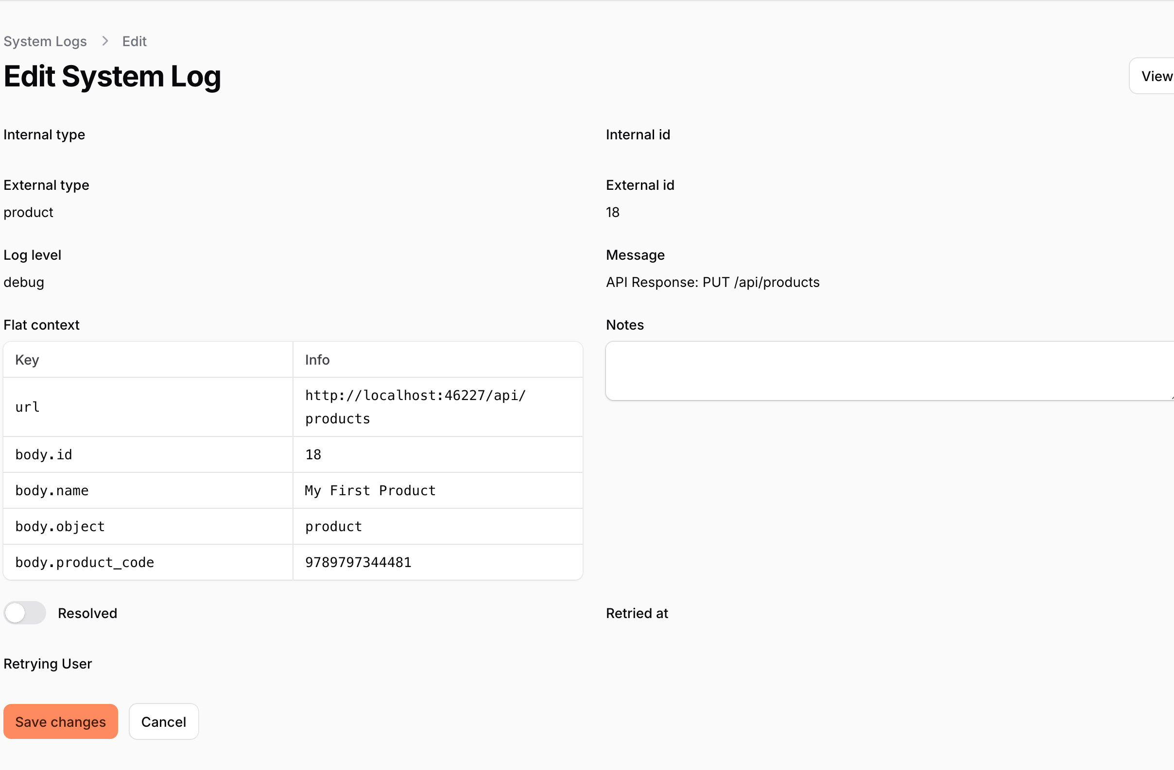 Picture of a single system log showing a table of relevant data for a single item