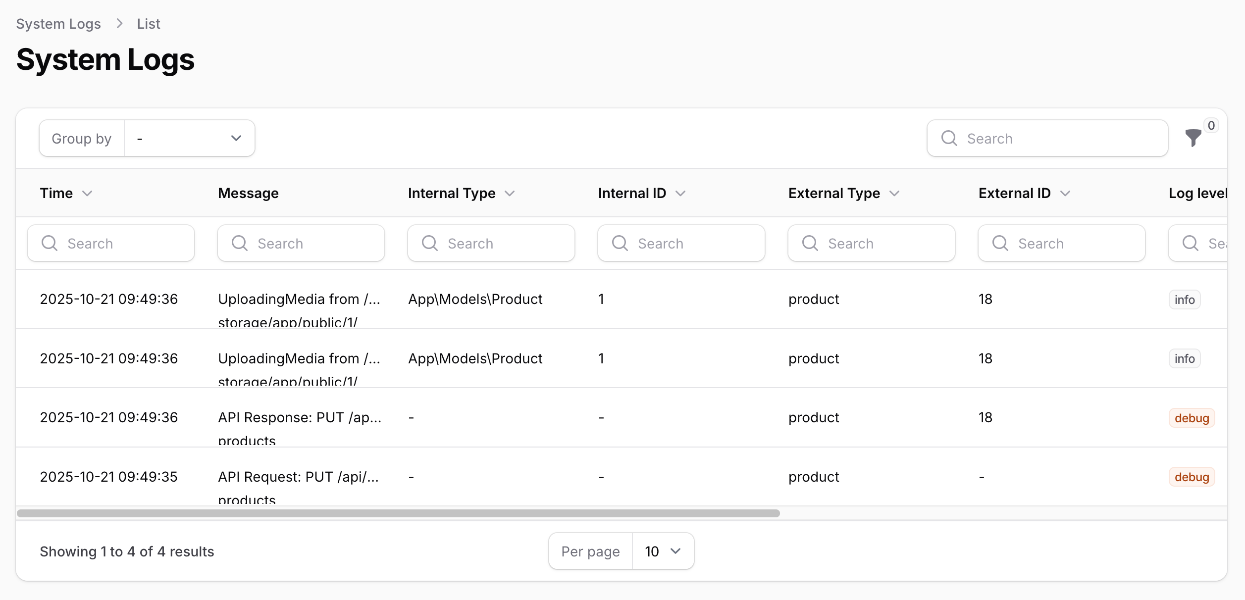 Picture of a list of system logs showing a table with columns of relevant data