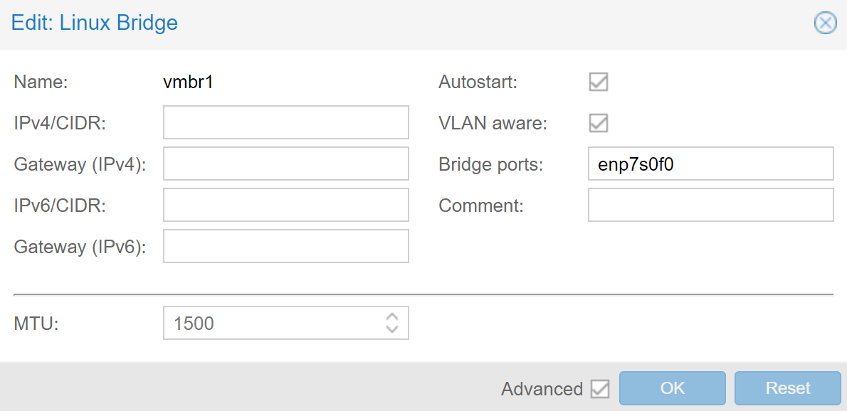 Proxmox vmbr1 Linux Bridge configuration