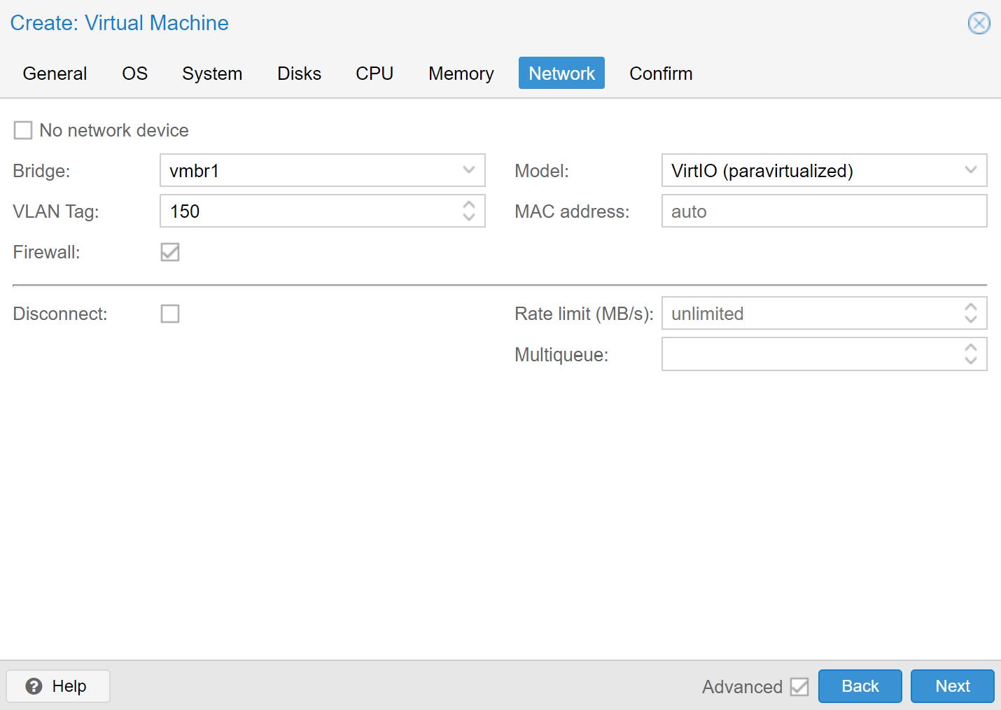 Proxmox 'Network' tab during VM creation