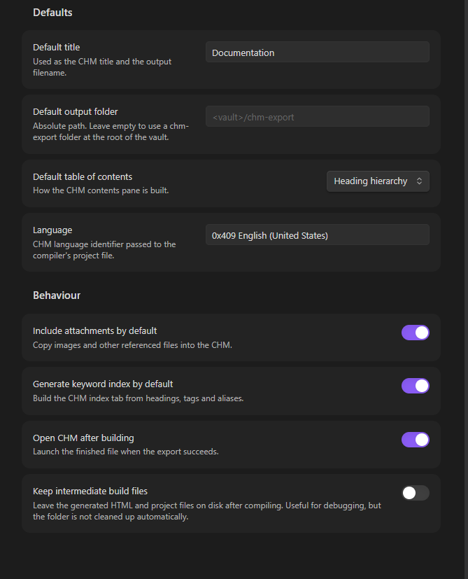 Settings tab — behaviour options: include attachments, generate the keyword index, open the CHM after building, and keep intermediate build files
