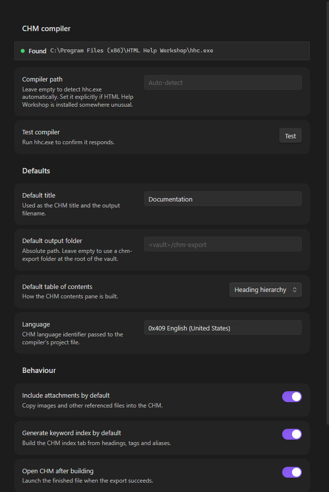 Settings tab — the compiler is detected at C:\Program Files (x86)\HTML Help Workshop\hhc.exe, with defaults for the title, output folder, table of contents and language