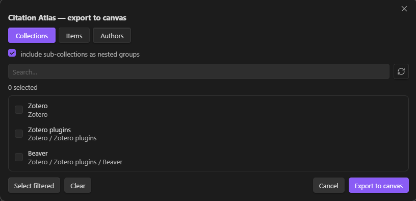 Citation Atlas — pick collections, items or an author