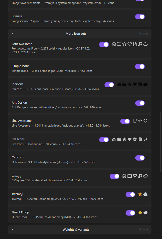 Settings — data & packs