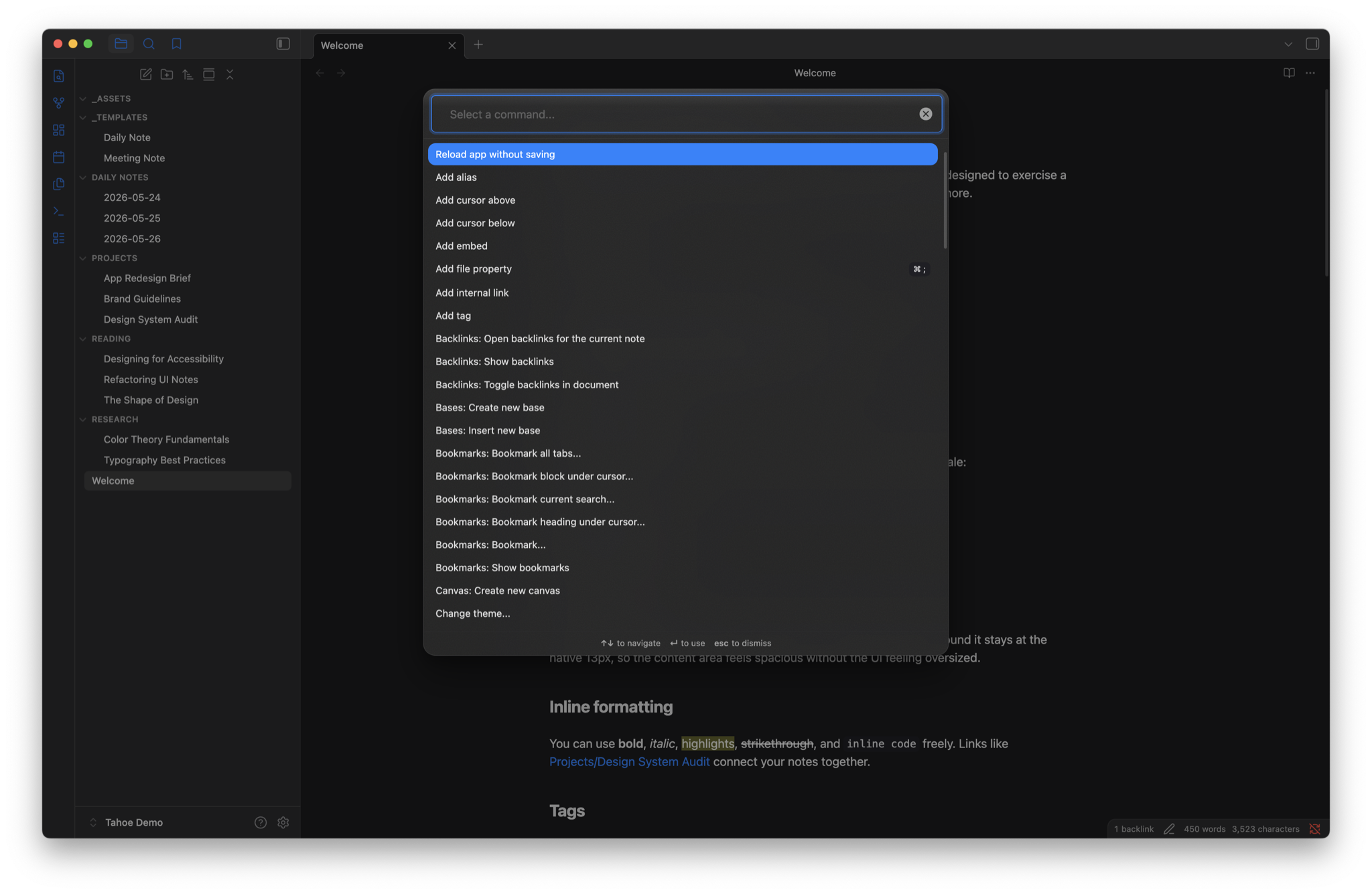 Command palette with glass blur — dark mode