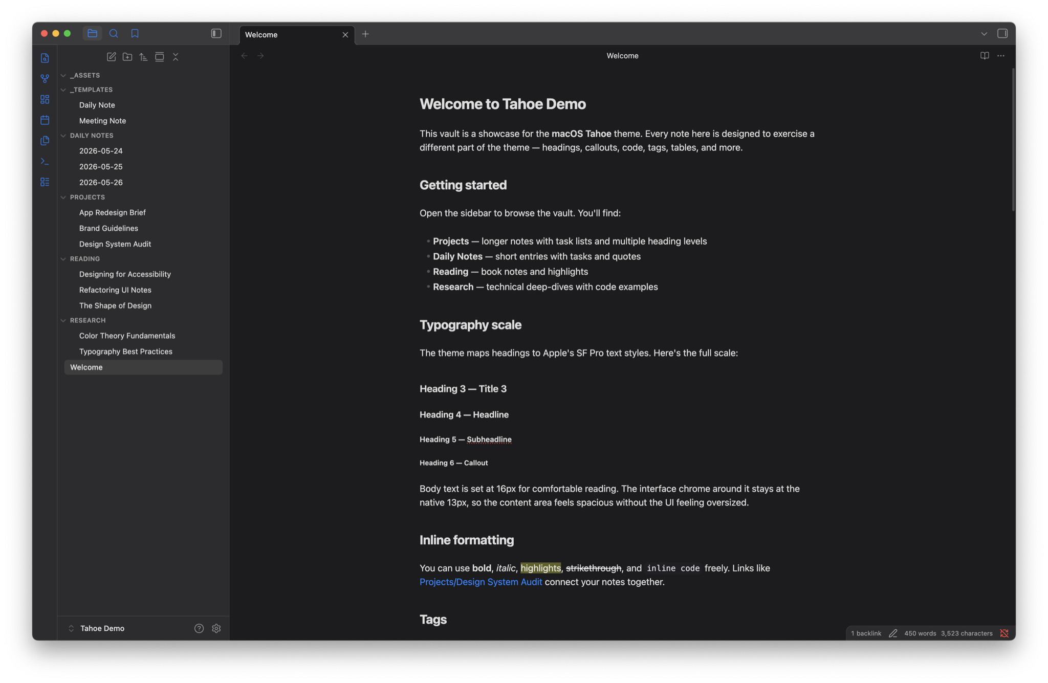 macOS Tahoe theme — dark mode