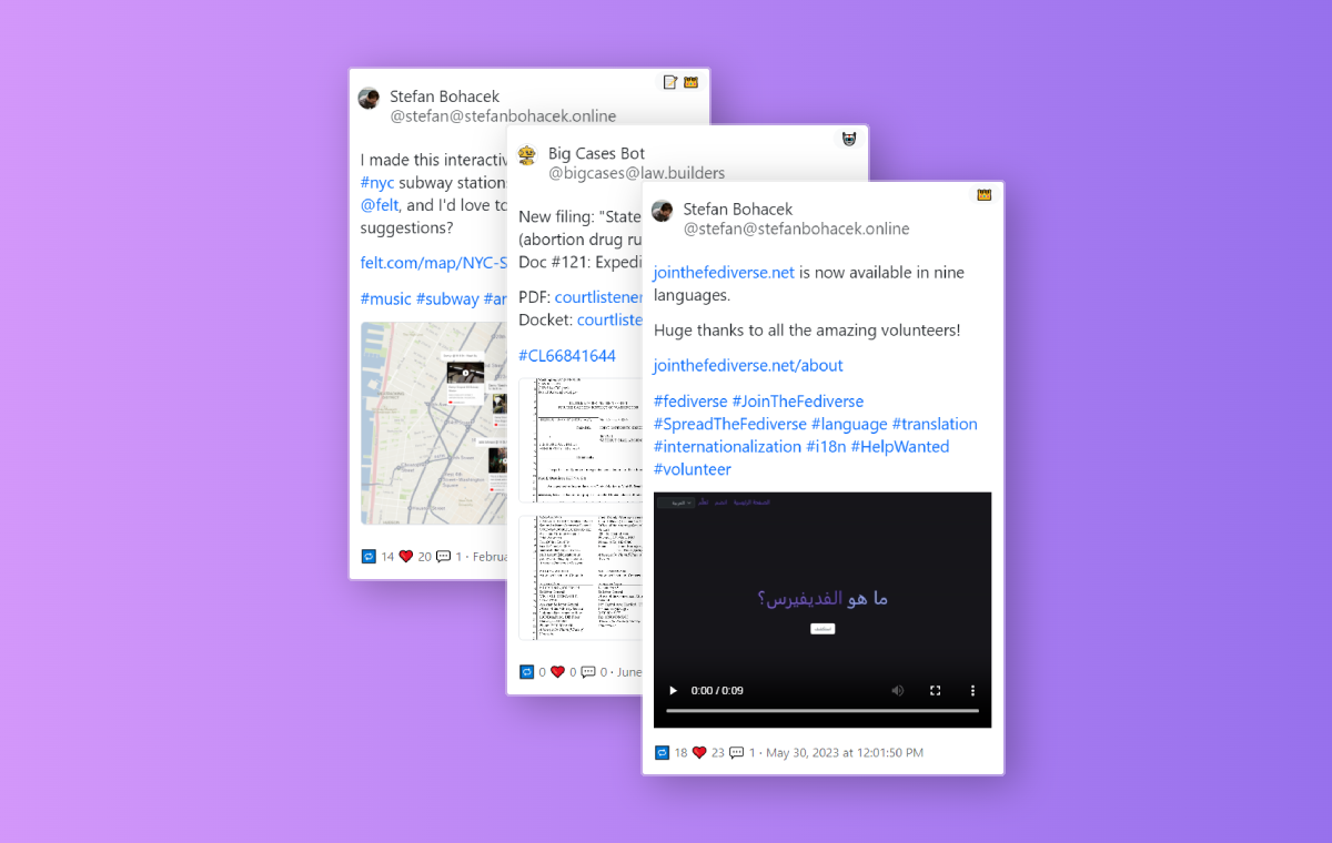 Preview of multiple posts embedded with the Fediverse Embeds plugin.