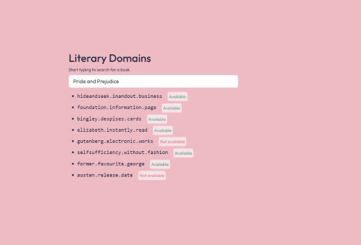 A screenshot of the website showing domain names generated from Jane Austen's Pride and Prejudice.