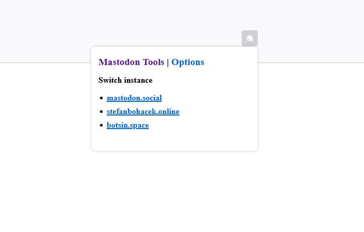 Screenshot of the main menu with a list of Mastodon instances allowing you to switch between them.