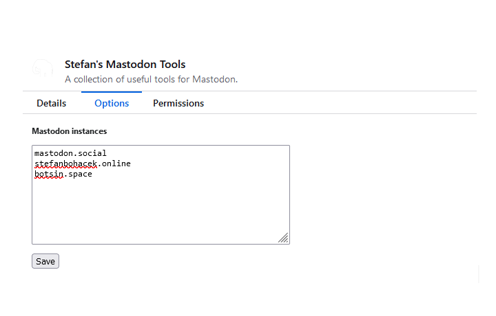 Screenshot of the settings page with a text field for adding your Mastodon instances.