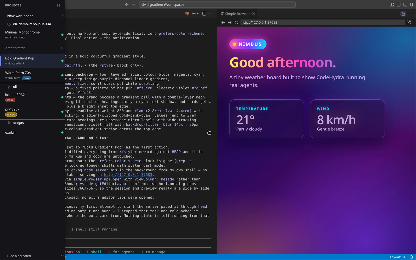 CodeHydra showing multiple workspaces with AI agents running in parallel