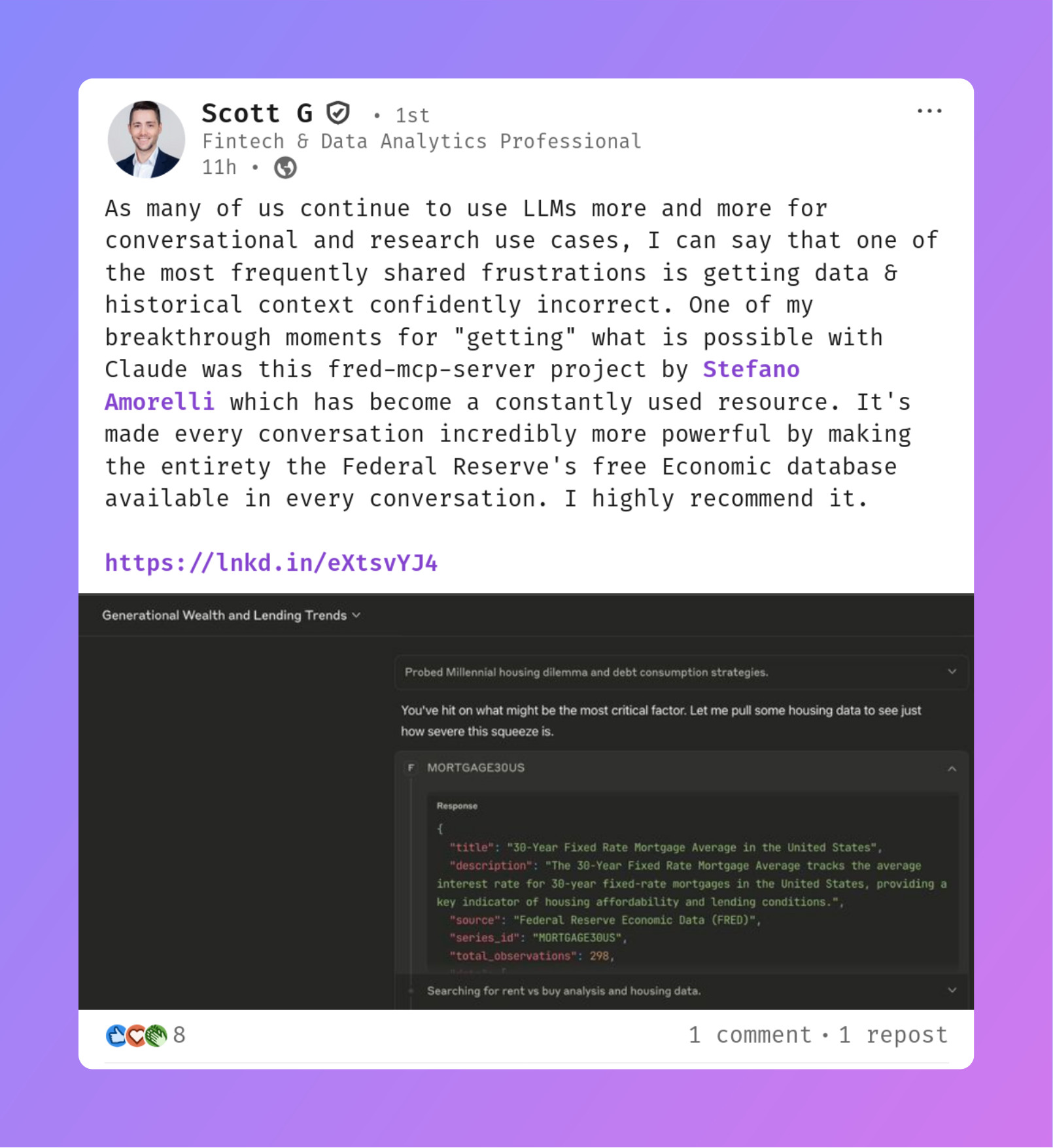 LinkedIn post by Scott G - Fintech & Data Analytics Professional