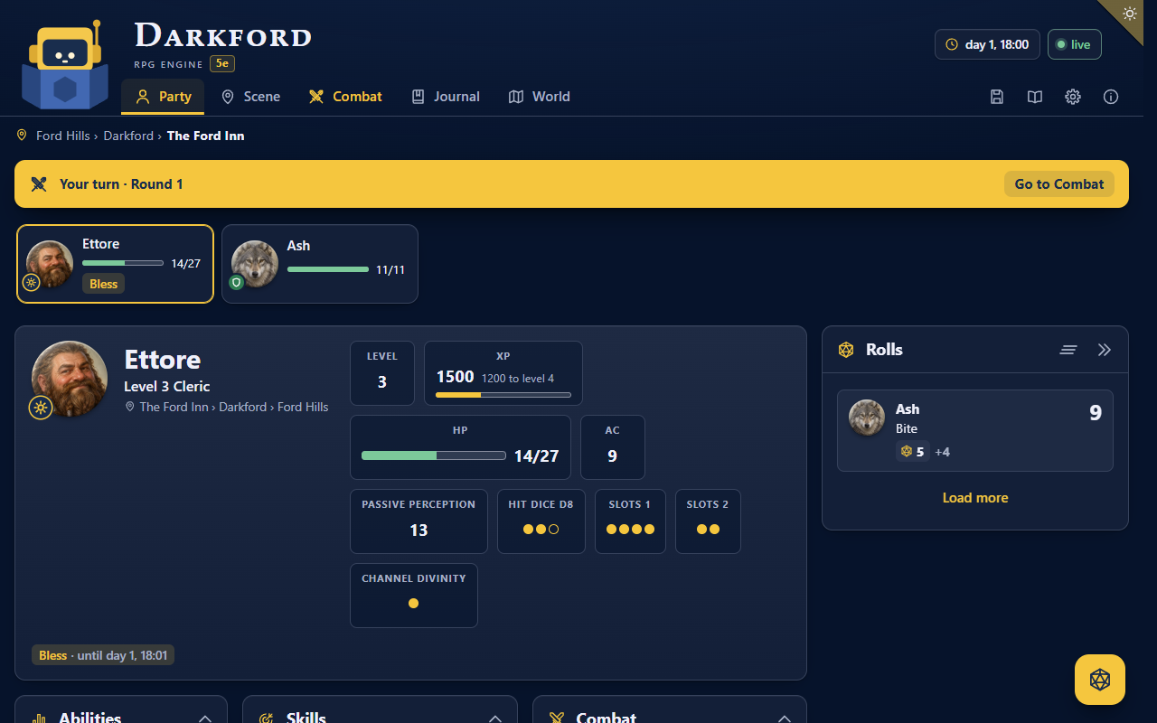Your character's sheet on the dashboard: hit points, armor class, experience, the spell slots and hit dice left, and the last rolls
