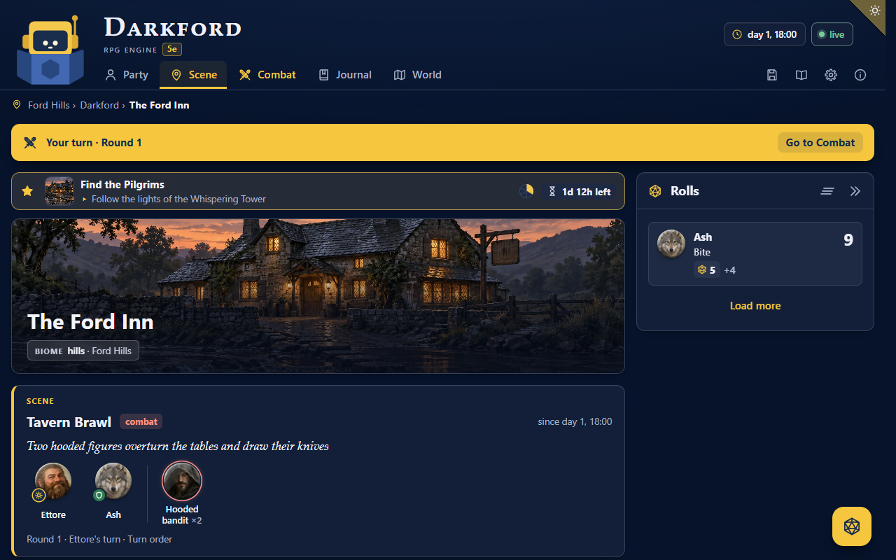 The dashboard during a fight in a tavern: the place's picture, the scene with the party and two hooded bandits, the quest under way and the last rolls