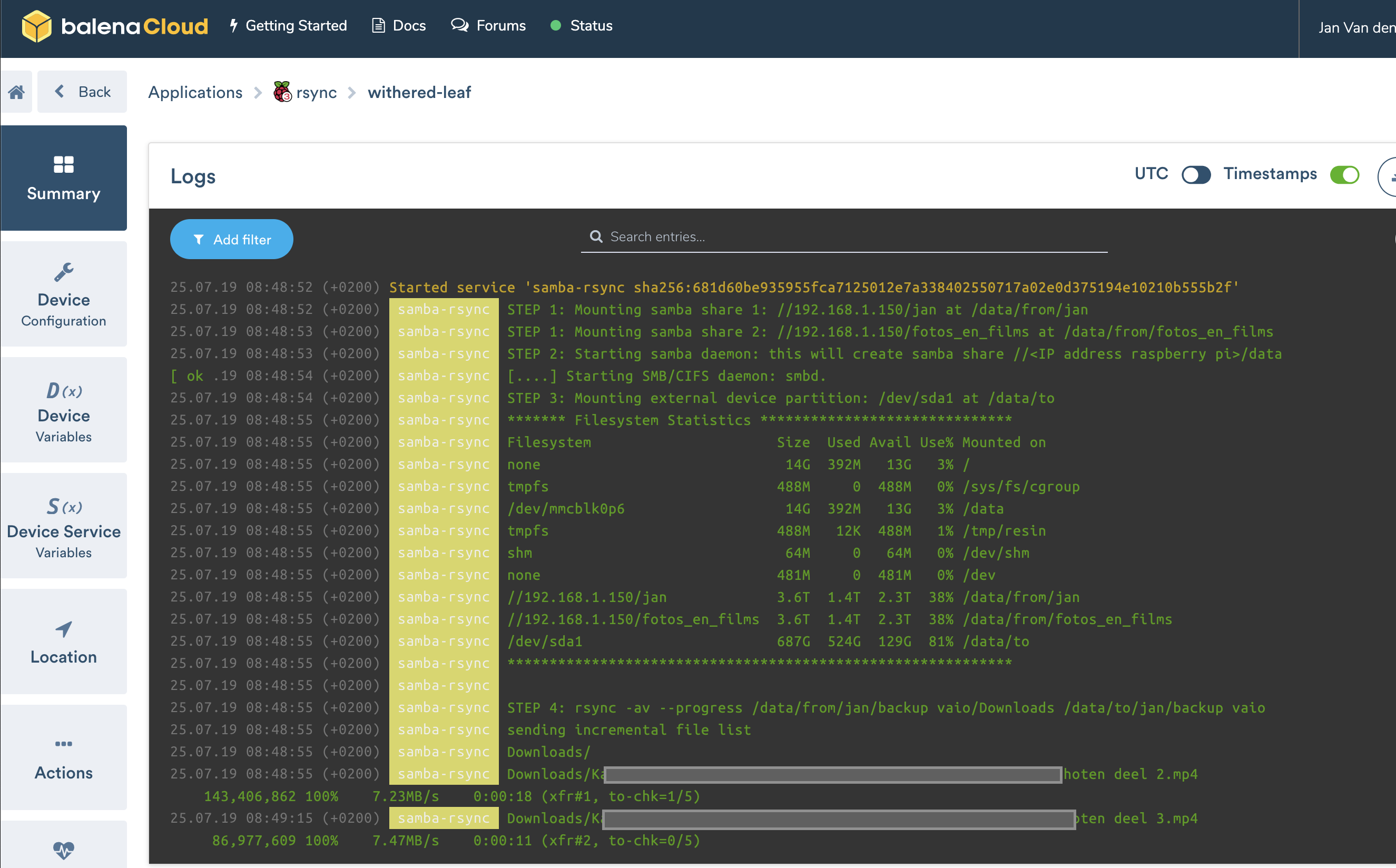 balena dashboard terminal logs