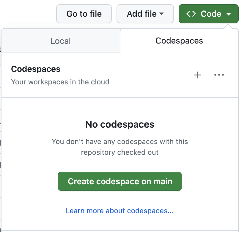location of create codespace button