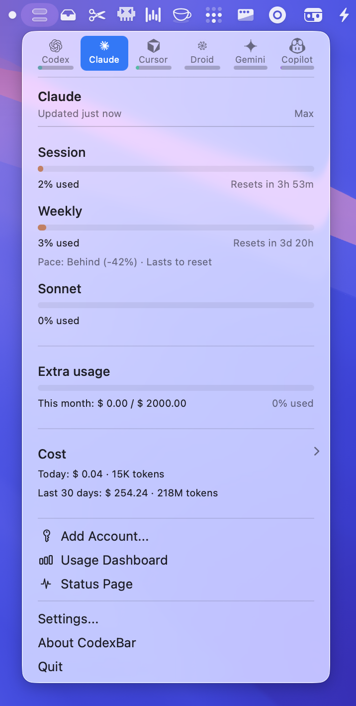 CodexBar menu screenshot