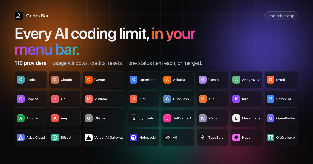 CodexBar — every AI coding limit in your menu bar. 89 providers.
