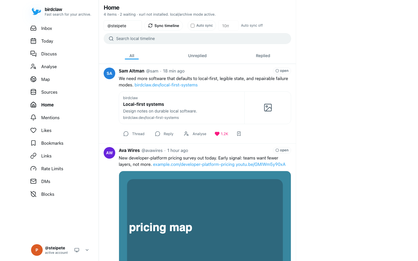 Birdclaw's local Home timeline populated with demo data