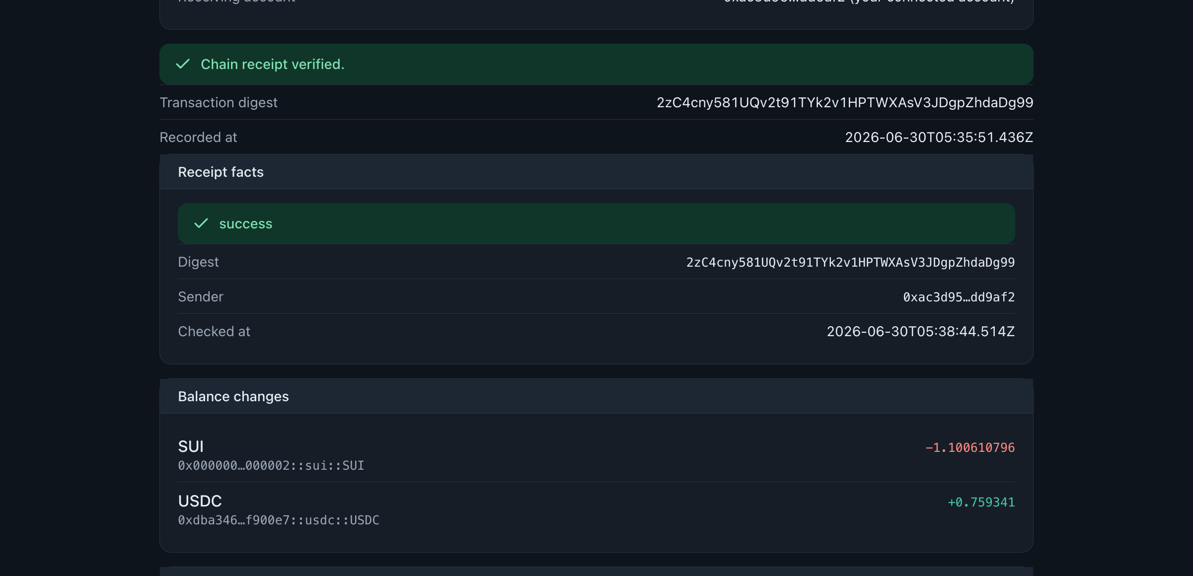 Chain-verified receipt