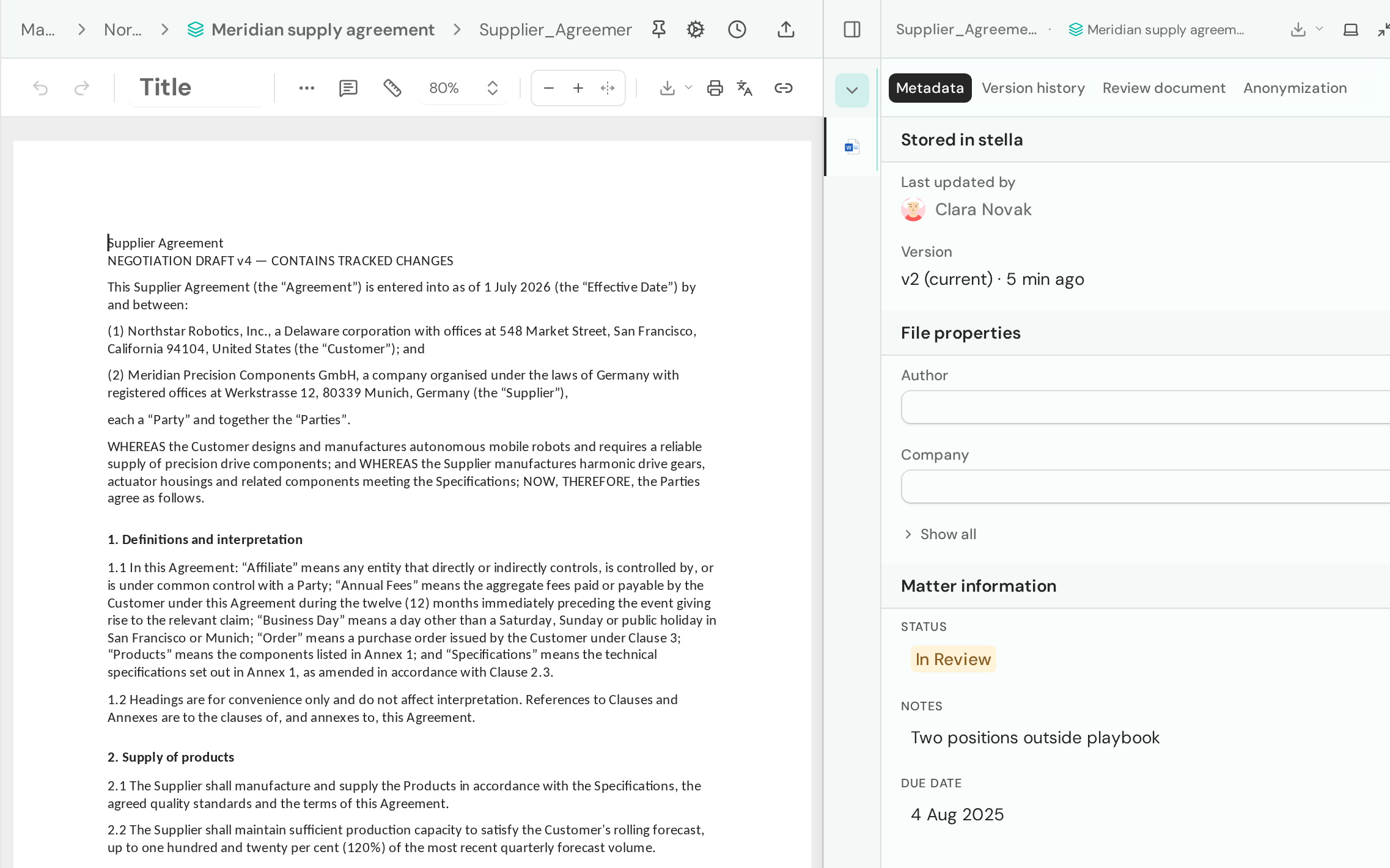 A supplier agreement open in the Word editor, with the inspector on the right showing metadata, version history, review and anonymization tabs, the current version v2 and the matter status In Review