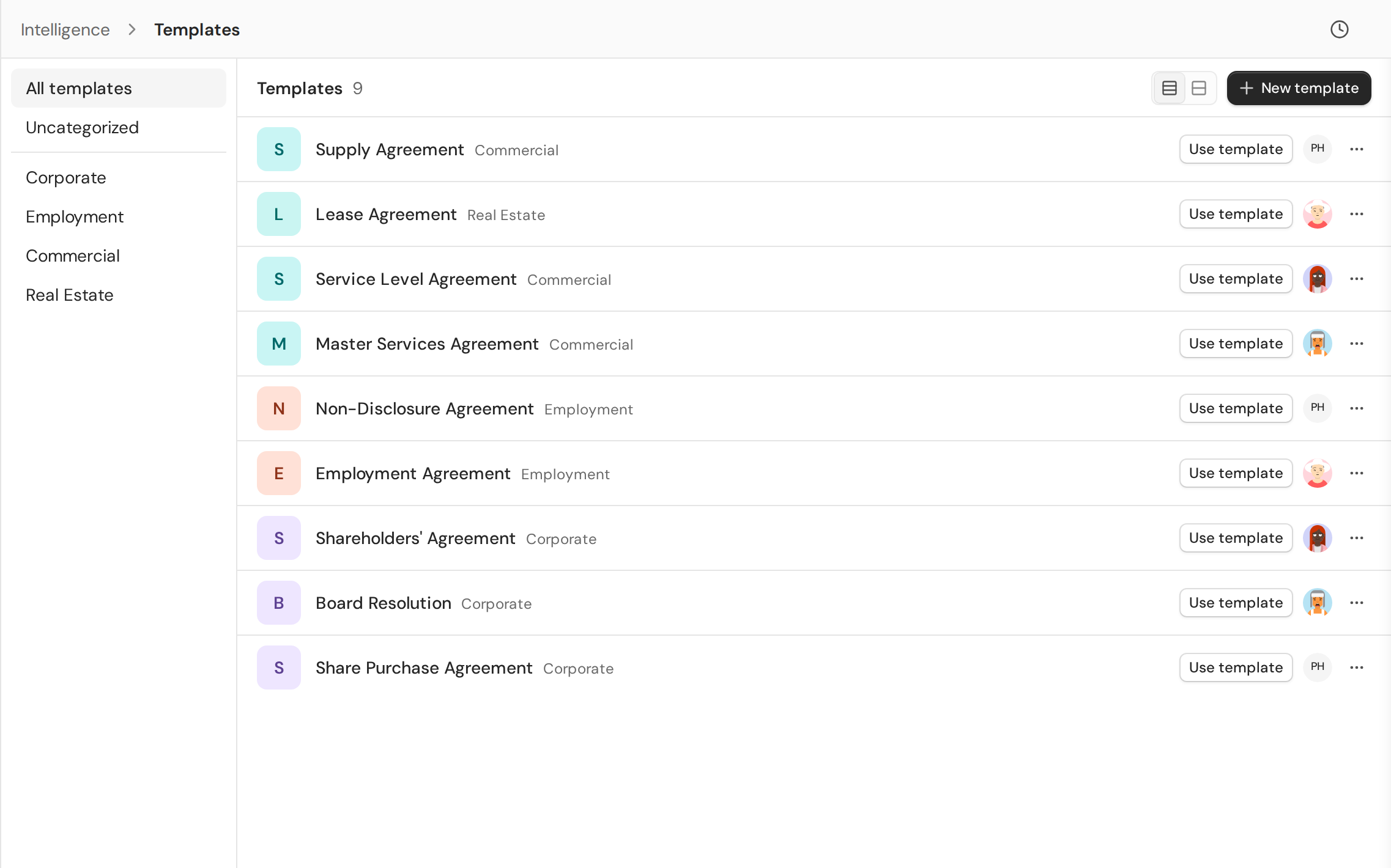 The Templates library listing nine agreements, such as Supply Agreement, Non-Disclosure Agreement and Share Purchase Agreement, grouped into Corporate, Employment, Commercial and Real Estate categories