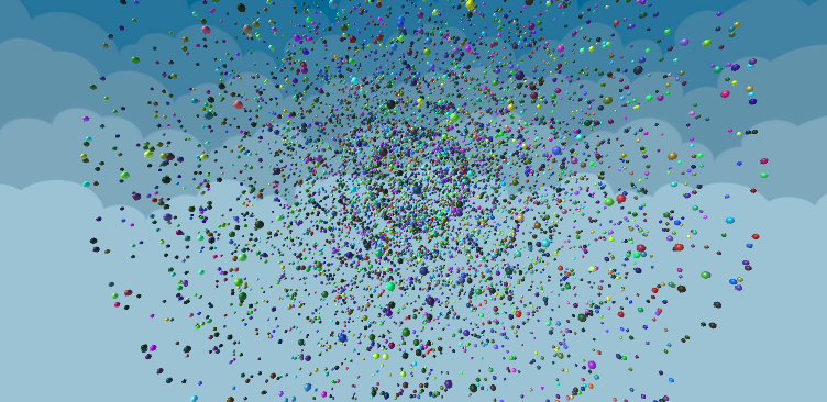 Thousands of randomly colored, bright cubes rendered in a layered sphere