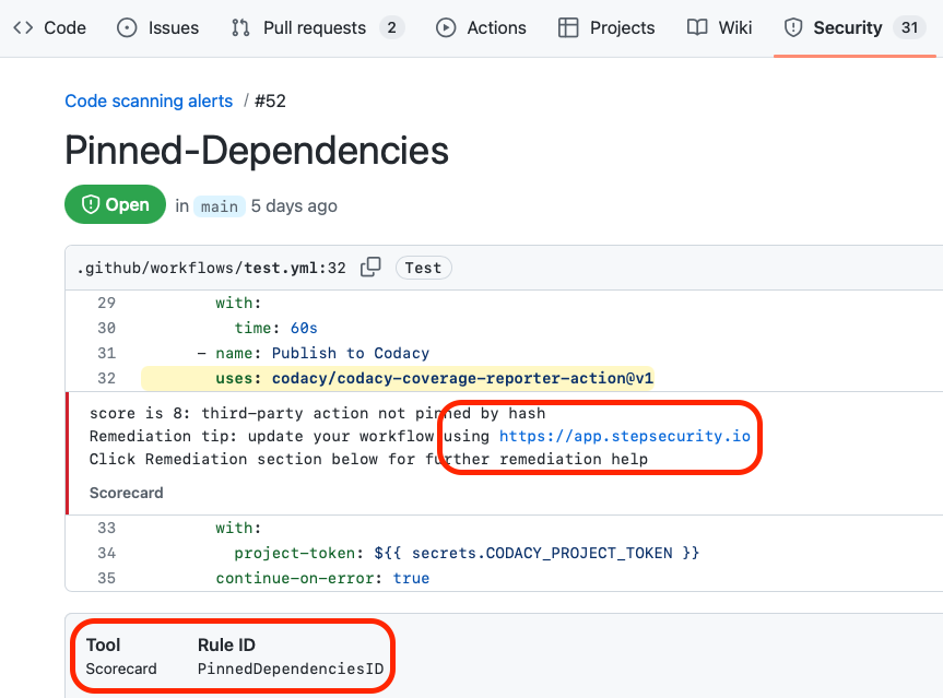 Secure repo Scorecard integration screenshot