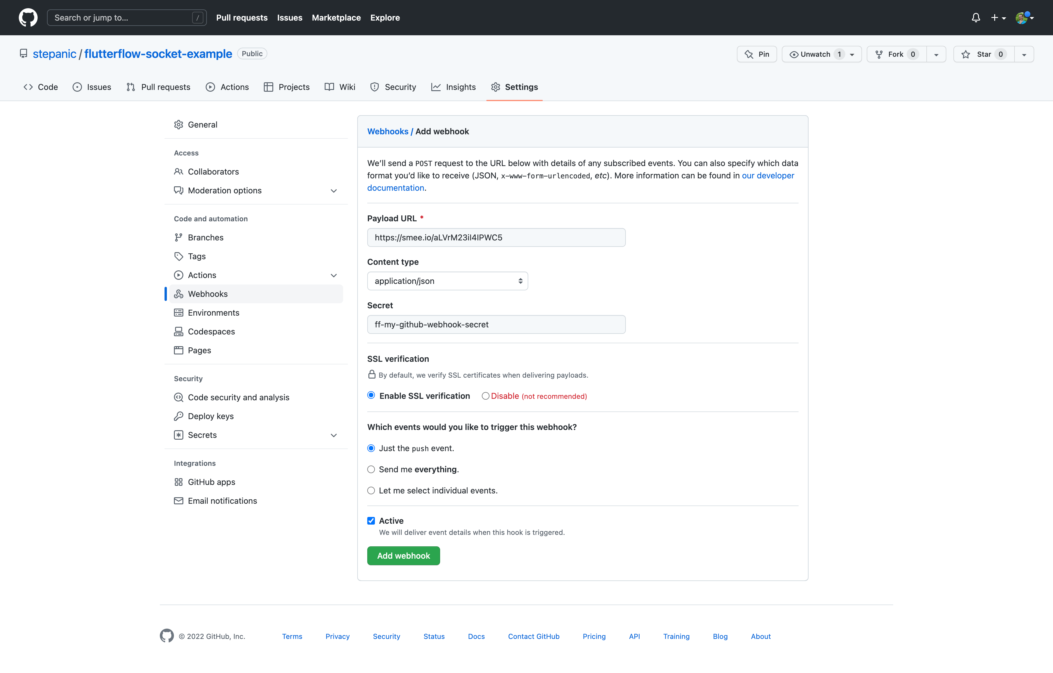 new webhook at github