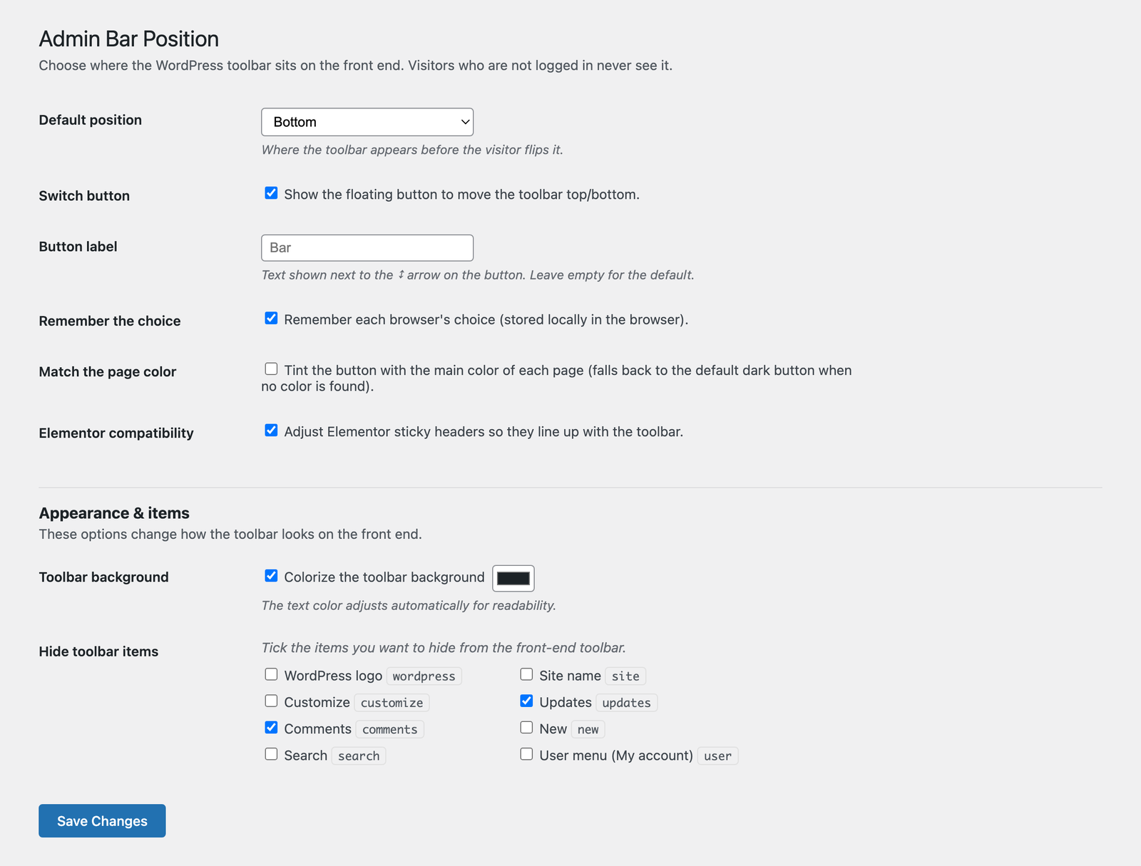 Settings screen