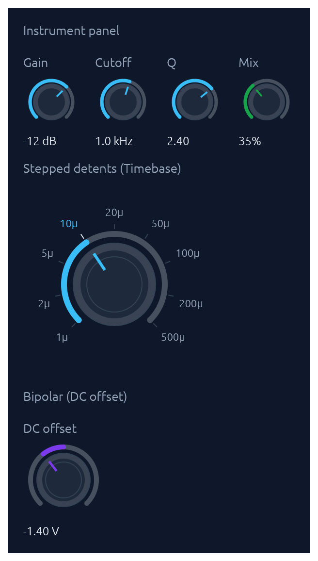 Knobs — instrument panel, stepped detents, bipolar